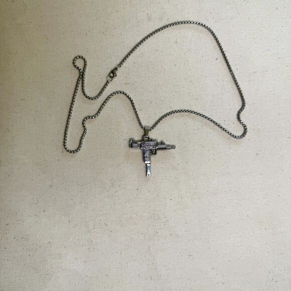 Y2K Silver Stainless Steel Uzi Necklace Urban Pendant Unisex Streetwear New - Picture 8 of 10